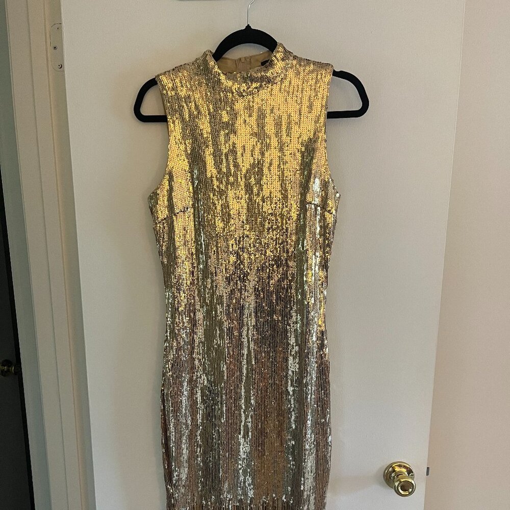 gold sequined midi dress with fringe skirt size large